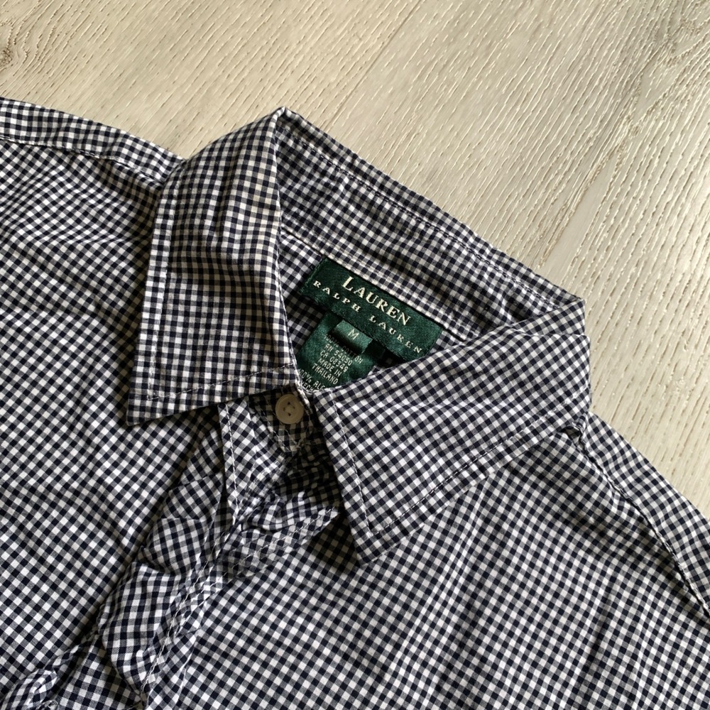 Lauren Ralph Lauren Gingham Ruffle Button Down Shirt Navy White Cotton Womens M